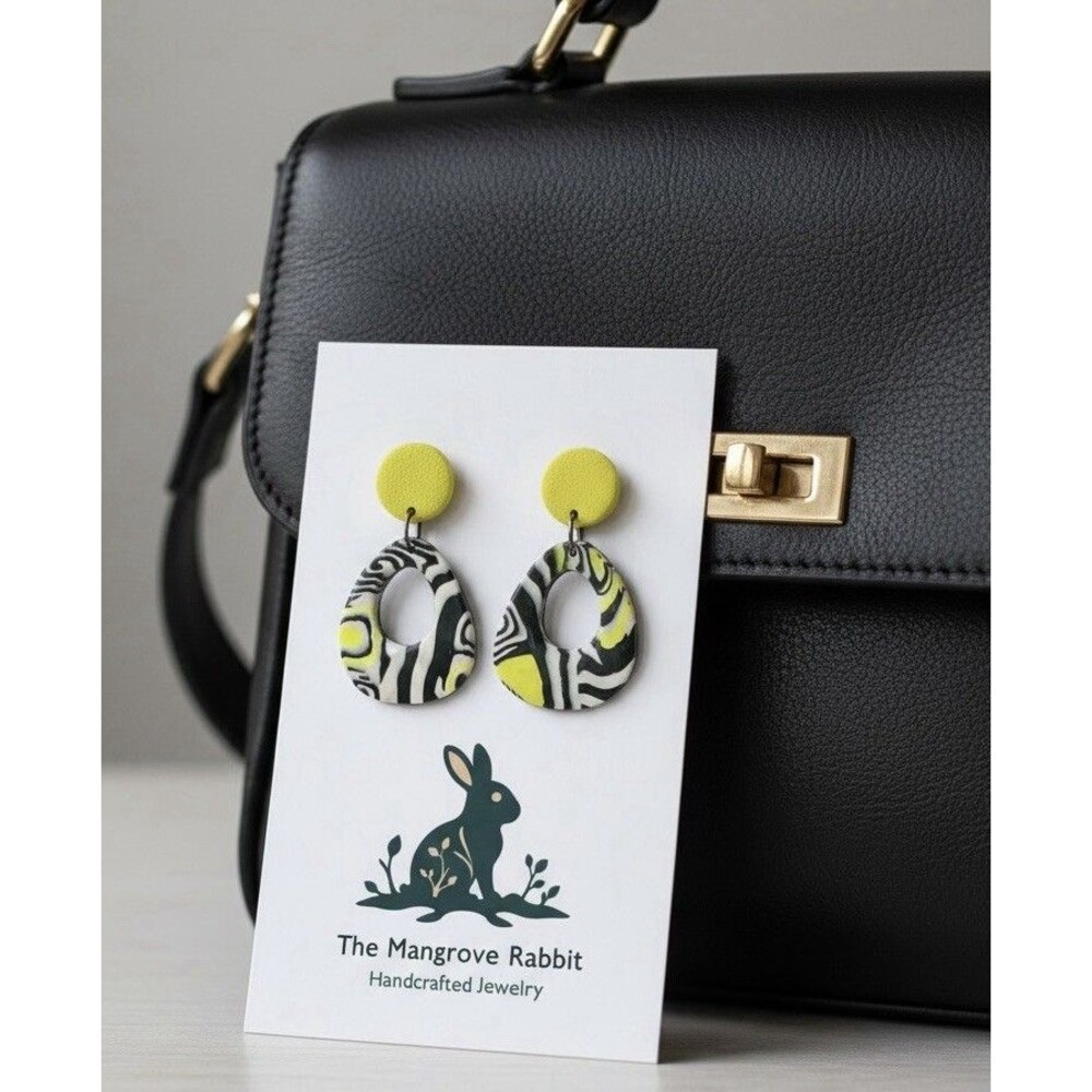 Handmade Yellow Black & White Graphic Print Polymer Clay LG Dangle Earrings SS